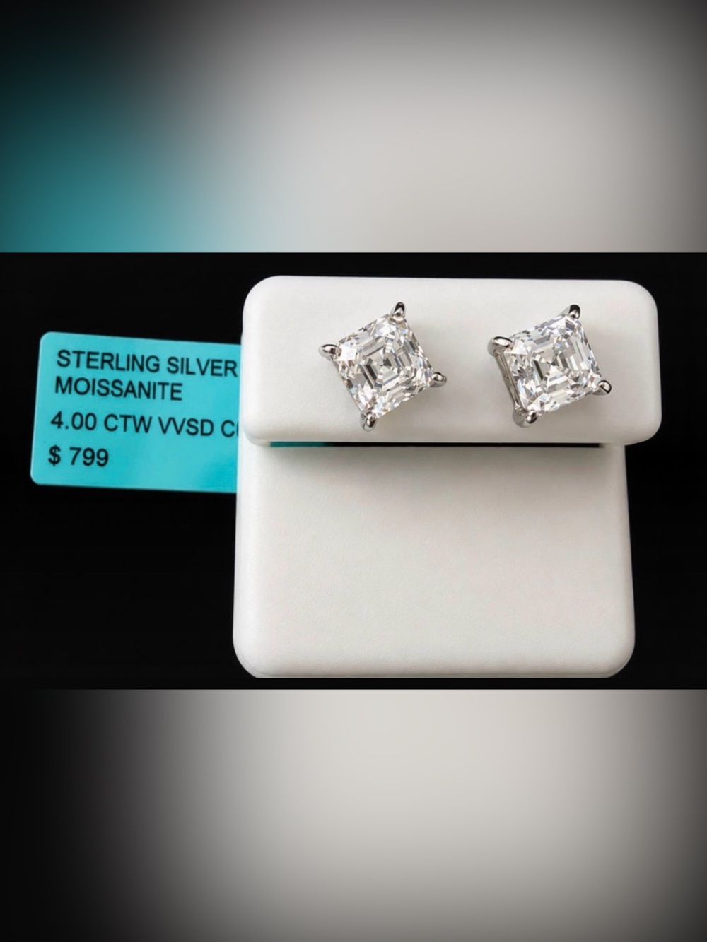 Square-Cut Moissanite Stud Earrings in White & Silver